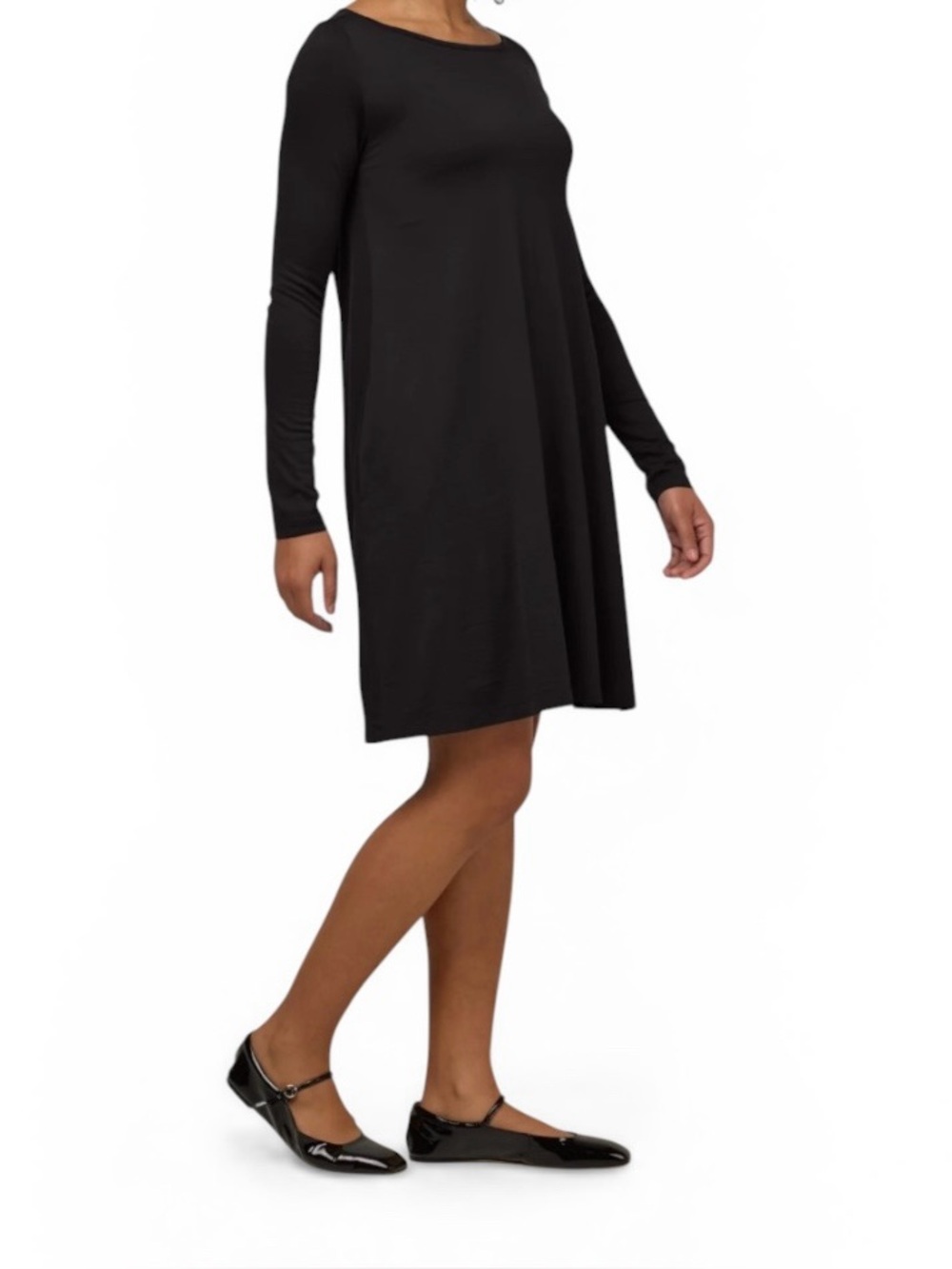 Wool& Long sleeve Swing Dress Black with pockets